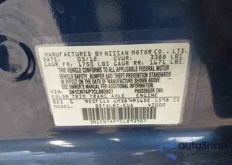 2012 Nissan Versa 1.6 Sv из США, поврежденный, VIN 3N1CN7AP7CL893927